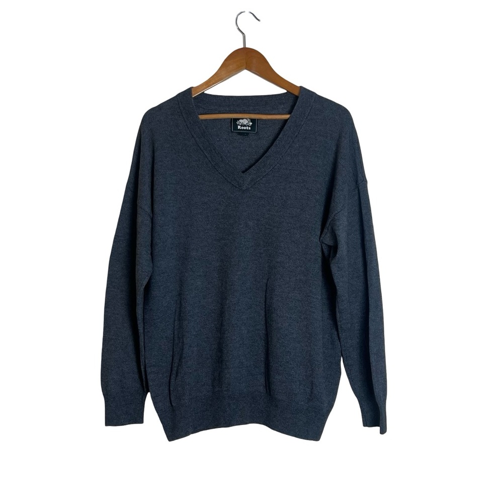 Roots gray wool‎ blend v neck knit sweater. Size large